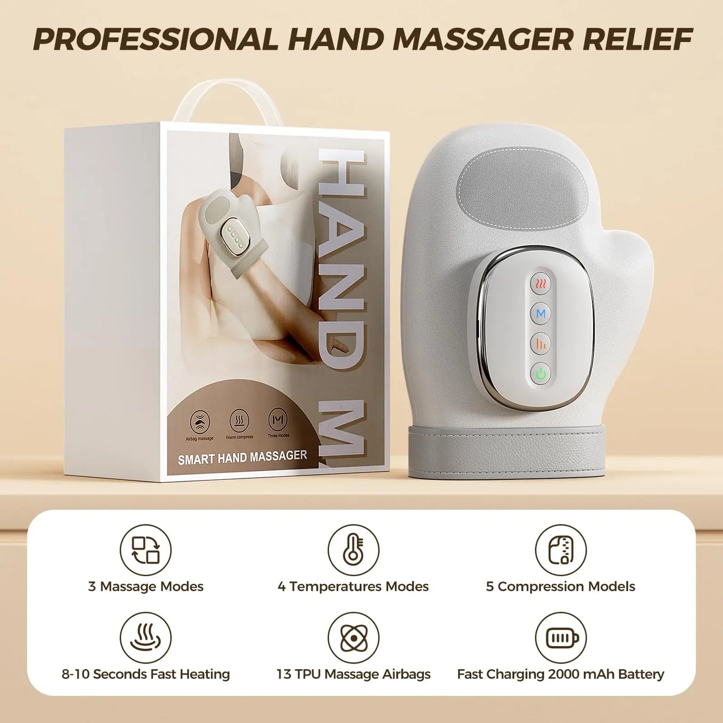 Hand Massager with Heat Compression Relief, 3 Massage 4 Temperatures 5 Compression Models